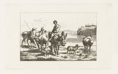 Krajina s pastýřkou na mezku a pastýřem s krávami od A. Dickhof (signed by artist)