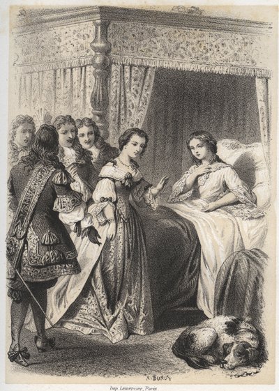 Madame Deshoulieres, Antoinette Ligier de La garde (1637-1694) zavalená otázkami svého doprovodu po noci strávené se strachem z ducha. Rytina A. Duruy v „“ Ilustrace litteraires de la France; nebo, Galerie anecdotique de nos pr od A. Duruy
