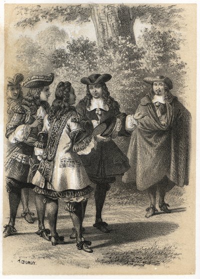 Setkání v Paříži mezi Jean Racine (1639-1699) a Pierre Corneille (1606-1684). Rytina A. Duruye v „“ Literárních ilustracích Francie; zlatá, Anekdotická galerie našich hlavních autorů zajímajících se o jejich činy a jejich nápisy““ od J.B. od A. Duruy