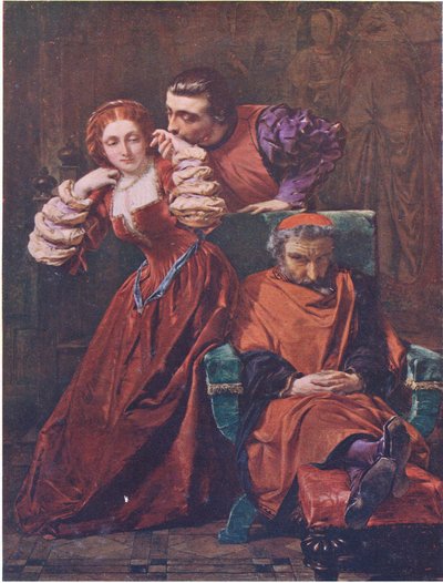 Silvia a Valentine (Dva gentlemani z Verony) „Tuto jejich lásku jsem sám často viděl, naštěstí, když mě soudili tvrdě spící“, z The Complete Works of William Shakespeare pub. od J Coker & Co Ltd (barevné lito) od A. E. Elmore