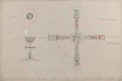 Kaple rytířství: navrhovaný kalich, paténa a almužna (tužka, inkoust, štětec, wc a stříbrná barva na šedé kartě) od A. Edward Jones and Co.
