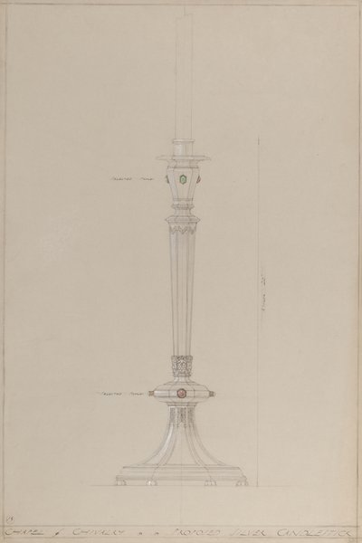 Rytířská kaple: návrh stříbrného svícnu (tužka, tuš, štětec, wc a stříbrná barva na šedém kartonu) od A. Edward Jones and Co.