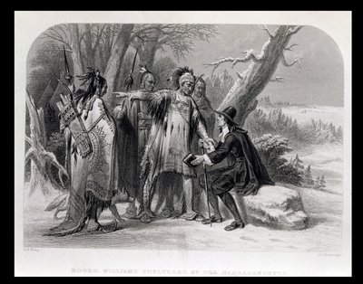 Roger Williams chráněný Narragansetts, 1636, z 