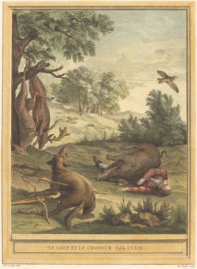 Vlk a lovec od A. J. de Fehrt after Jean Baptiste Oudry