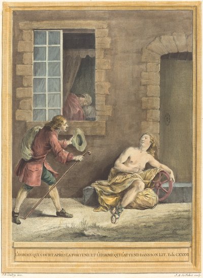 Muž, který se dvoří štěstí a Muž, který spí v posteli od A. J. de Fehrt after Jean Baptiste Oudry