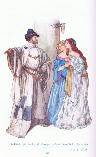 Frederick s rozhněvanými pohledy nařídil Rosalind, aby opustila palác (Jak se vám líbí), z Příběhů ze Shakespearovy hospody. od Ward Lock & Co Ltd od A. Jackson