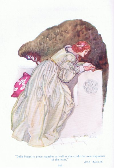 Julia začala skládat dohromady roztrhané fragmenty dopisu (Dva pánové z Verony) z Pohádek ze Shakespearovy hospody. od Ward Lock & Co Ltd od A. Jackson