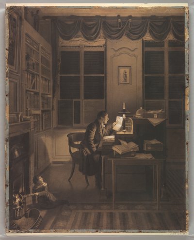 Kresba, Interiér s mužem čtoucím u stolu, 1827 od A. L. Leroy