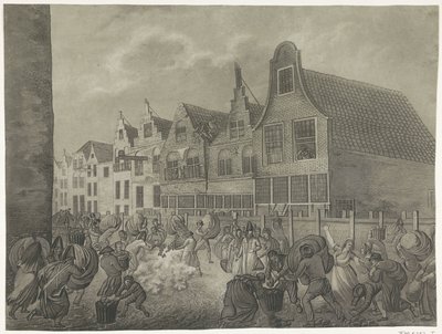 Zřícení bednění podél Kortendijk v Gorinchem, 1809 Čtyři desky povodně v roce 1809 věnované králi Ludvíku Napoleonovi (název série) od A. Lutz