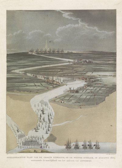 Britská expedice do Antverp, 1809 Malebný plán velké expedice na Západní Šeldu v srpnu 1809. ukazující obtížnost přiblížení se k Antverpám (název na předmětu) od A. Lutz