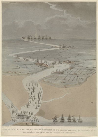 Pohled z ptačí perspektivy na západní Scheldt s anglickými, holandskými a francouzskými flotilami, 1809 Malebný plán velké expedice na Západní Šeldu v srpnu 1809 (název na objektu) od A. Lutz