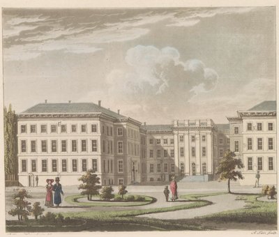 Palác Noordeinde v Haagu, 1810-1825 Le Palais royal à La Haye, vu du jardin / Královský palác v Haagu, při pohledu ze strany zahrady (název na objektu) od A. Lutz