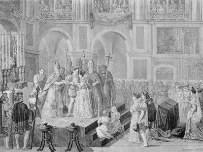 Sňatek Jindřicha III. (1553-1610) a Markéty Francouzské (1553-1615) v roce 1572, 1832 od A. Regnier