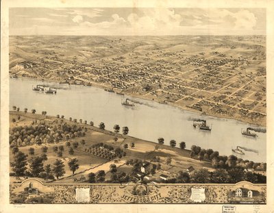 Pohled z ptačí perspektivy na Jefferson City, hlavní město státu Missouri 1869. LOC 73693479 od A. Ruger