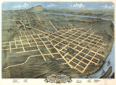 Pohled z ptačí perspektivy na město Chattanooga, Hamilton County, Tennessee, 1871. od A. Ruger