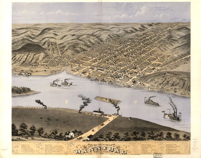 Pohled z ptačí perspektivy na město Hannibal, Marion Co., Missouri 1869. LOC 73693475 od A. Ruger