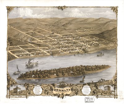 Pohled z ptačí perspektivy na město Hermann, Gasconade Co., Missouri 1869. LOC 73693476 od A. Ruger