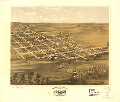 Pohled z ptačí perspektivy na město Holden, Johnson Co., Missouri 1869. LOC 73693477 od A. Ruger
