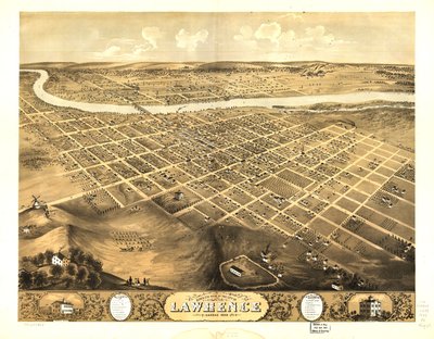 Pohled na město Lawrence v Kansasu z ptačí perspektivy v roce 1869. LOC 73693409 od A. Ruger