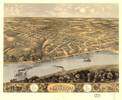 Pohled z ptačí perspektivy na město Lexington, Lafayette Co., Missouri 1869. LOC 73693481 od A. Ruger