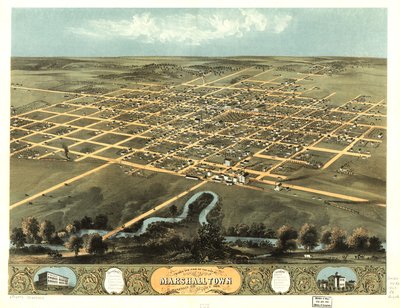 Pohled z ptačí perspektivy na město Marshalltown, Marshall Co., Iowa 1868. LOC 73693402 od A. Ruger