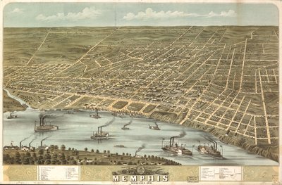 Pohled na město Memphis v Tennessee z ptačí perspektivy v roce 1870. LOC 73694530 od A. Ruger