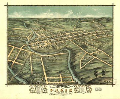 Pohled z ptačí perspektivy na město Paris, Bourbon County, Kentucky 1870. LOC 73693417 od A. Ruger
