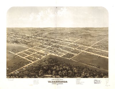 Pohled z ptačí perspektivy na město Warrensburg, Johnson Co., Missouri 1869. LOC 73693492 od A. Ruger