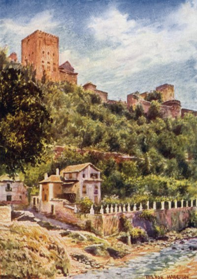 Granada, vily na břehu řeky Darro (barevné lito) od A. Trevor Haddon