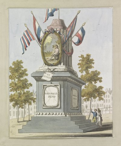 Revoluce, dekorace na Place Royale, 1795 Deset desek dekorací na Alliantiefeest v Amsterdamu v roce 1795 (název série) od A. Verkerk