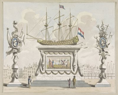 Obchod a doprava, dekorace na Nieuwmarkt, 1795 Deset desek dekorací na Alliantiefeest v Amsterdamu v roce 1795 (název série) od A. Verkerk