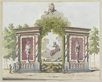 Umění a vědy, dekorace na Noordermarkt, 1795 Deset desek dekorací na Alliantiefeest v Amsterdamu v roce 1795 (název série) od A. Verkerk
