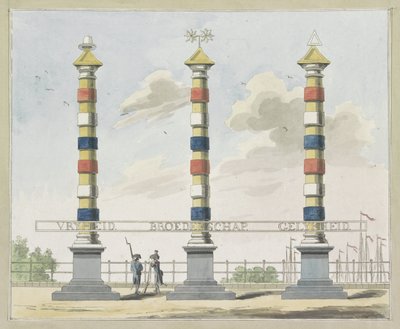Svoboda, bratrství a rovnost, dekorace na Hogesluis, 1795 Deset desek dekorací na Alliantiefeest v Amsterdamu v roce 1795 od A. Verkerk
