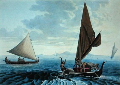 Pohled na ostrov Tinian: Vydlabané kánoe z Caroline Islands, z „Voyage Autour du Monde sur les Corvettes de L