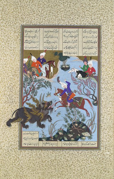 Bahram Gur zabíjí nosorožce-vlka, Folio 586r z Shahnama Book of Kings..., ca. 1530-35. od 