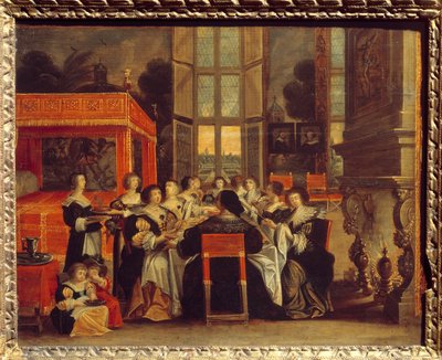 Rozhovor dam v nepřítomnosti jejich manžela: Obraz večeře od Abrahama Bosse (1602-1676) Egouen ze 17. století. Národní muzeum renesance od Abraham (after) Bosse