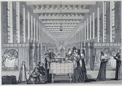 Vnitřní pohled na ošetřovnu Hôital de la Charite (také nazývaná nemocnice Freres-de-Saint-Jean-de-Dieu), v Paříži - Engraving d