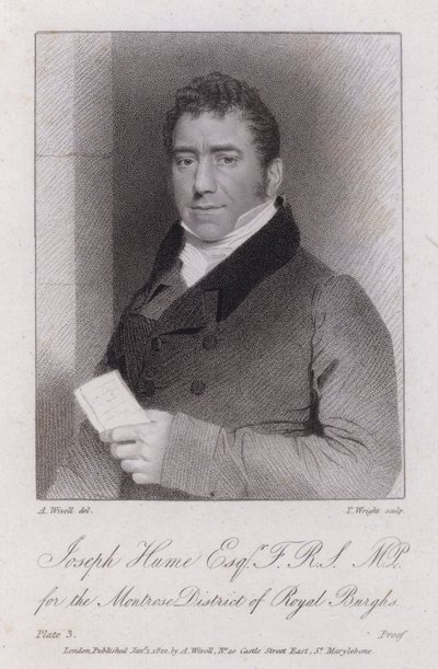Joseph Hume, skotský lékař, politik a radikální poslanec (rytina) od Abraham (after) Wivell