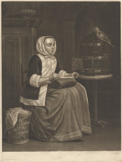 Žena šití od Abraham Blooteling