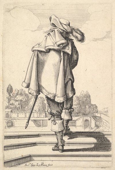 Džentlmen, viděný zezadu, kráčí po parapetu, s pláštěm přes levé rameno..., 1629. od Abraham Bosse