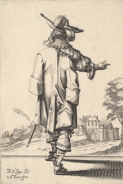 Džentlmen, viděno zezadu, s nataženou pravou paží a pláštěm přes levou..., 1629. od Abraham Bosse