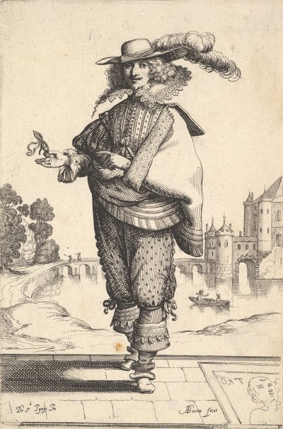 Pán stojící před velkým zámkem s opeřeným kloboukem a krajkovým límcem..., 1629. od Abraham Bosse