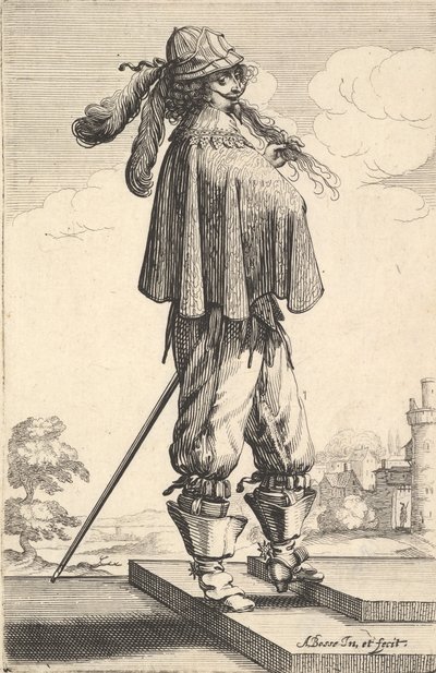 Pán v krátkém kabátě, přilbě a botách s ostruhami, stojící na schodech a..., 1629. od Abraham Bosse