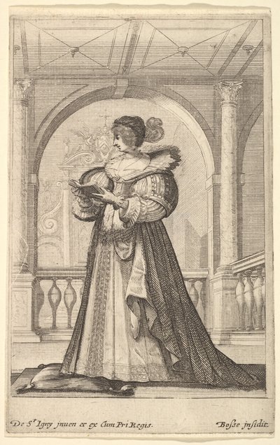 Žena stojící z profilu tváří vlevo, v klobouku a krajkovém límci, čte..., ca. 1629. od Abraham Bosse