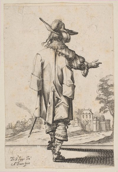 Gentleman při pohledu zezadu ukazující k zámku, 1629. od Abraham Bosse