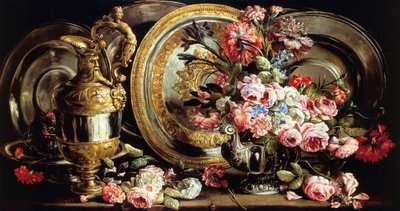 Zátiší se stříbrem a květinami, Abraham Brueghel (1631-1697), olej na panelu od Abraham Brueghel