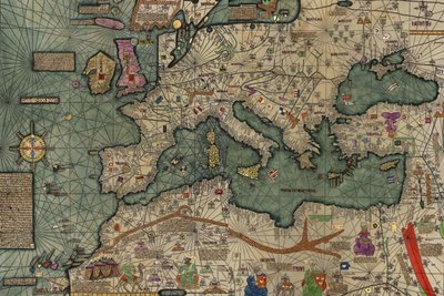 Severní Afrika, Evropa a Blízký východ z katalánského atlasu od Abraham Cresques