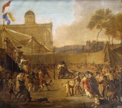 Dav sleduje návnady na medvědy na náměstí, od Abraham Danielsz. Hondius