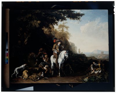 Rozsáhlá krajina s loveckou družinou odpočívající u vodního žlabu a střelbou na sportovce od Abraham Danielsz. Hondius