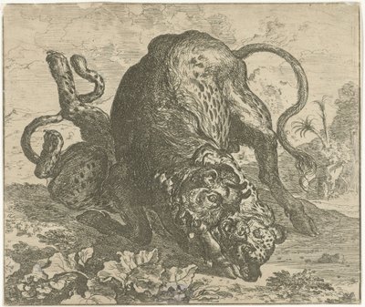 Leopard a býk Různá zvířata (název série) od Abraham Danielsz. Hondius
